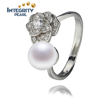 Natural Freshwater 7.5-8mm Near Round 925 Sterling Silver Korean Pearl Ring