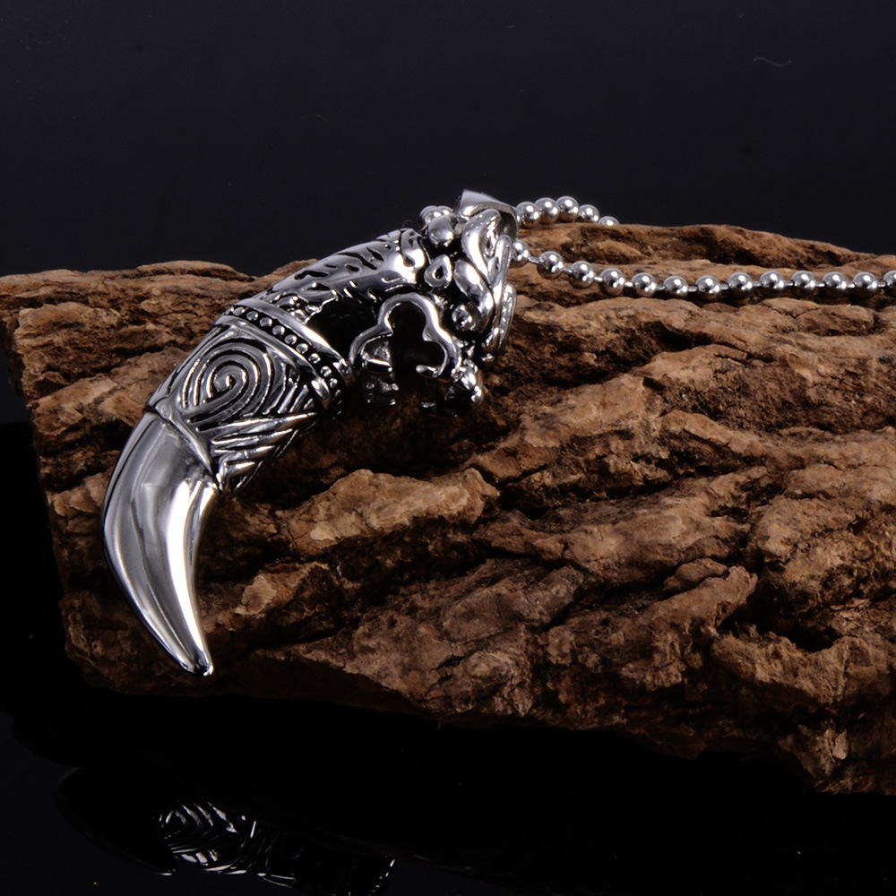 Antique Stainless Steel Mens Wolf Tooth Pendant Necklace