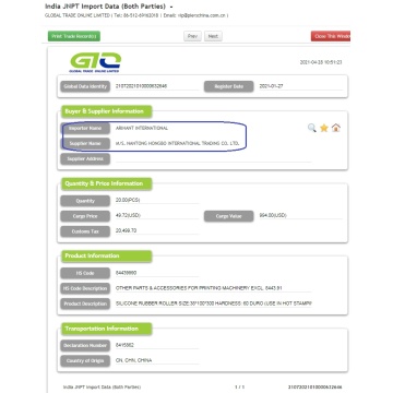 Datos de importación de Rubber Roller India