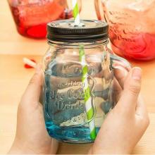 High Flint Beautiful Glass Mason Jar with Logo for Juice with Colorful Cover and Colorful Straw Hot Sale