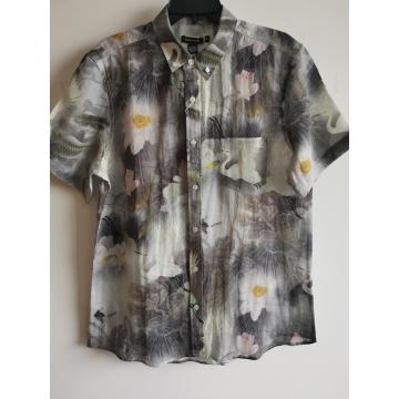 Herren Casual Digital Print Leinen Kurzarm Shirt