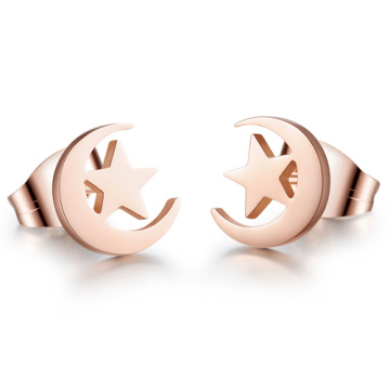 elegant stars and  moon rose gold stainless steel stud earrings