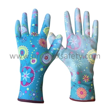 Printed Polyester Knitted Garden Gloves with White PU on Palm