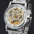 winner men watch with visible mechanism small dial watch with stainless steel band