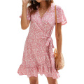 Women's Summer Wrap V Neck Print Ruffle Dress