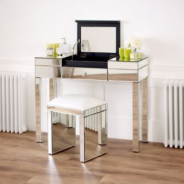 Venetian Mirrored 1 Drawer Vanity Set Mirrored Stool