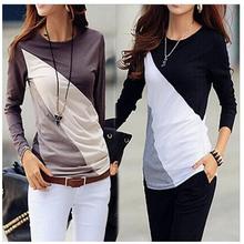 Long Sleeve Contrast Color Spliced Round Neck Tee Tops Blouse