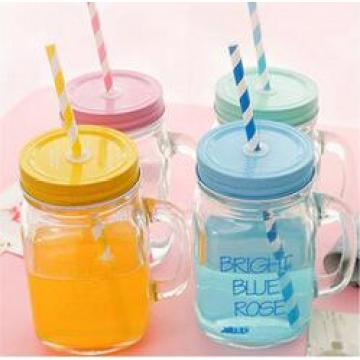 Factory Supply High Flint Decal Custom Logo Glass Mason Jar for Beverage with Beautiful Metal Lid and Straw Wholesale