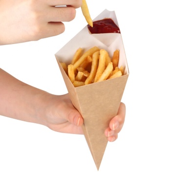 offset logo printed brown Kraft paper cone for french fries waffle packaging disposable fries paper cone