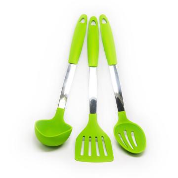 Conjunto de utensílios de cozinha de silicone de cabo de aço inoxidável premium