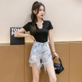 Women's high-Waist Diamond-Studded Fringed Denim Pants