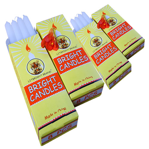 White candle with yellow box packaging