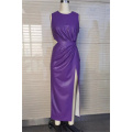 Senhoras sem mangas sexy slim dividir vestido PU roxo