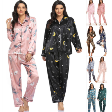 Women Satin Printed Long Sleeve Sleepwear Pajamas