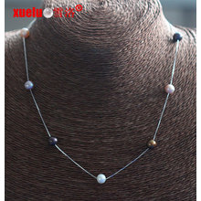 Bijoux fantaisie 7mm en perles d&#39;eau douce rondes avec collier chaîne en argent (E130154)
