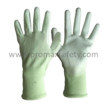 Poliéster Verde Tejido Concha Blanca PU Palm Coated Trabajo Guantes