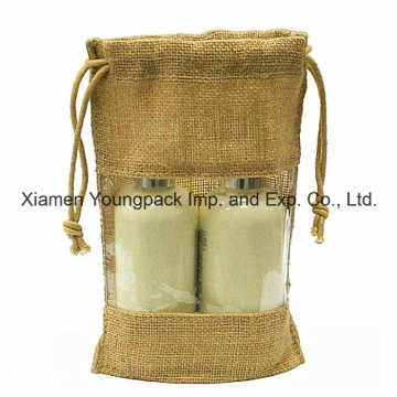 Custom Jute Drawstring Tasche mit Kunststoff PVC Fenster