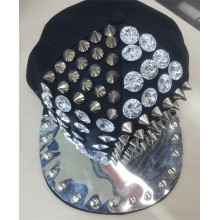 Promotional high quality cotton acrylic cap flat brim snapback cap hat rivet design punk cap hat hot sale