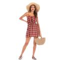 Summer Plaid Strap Dress Backless Lace Short Dress