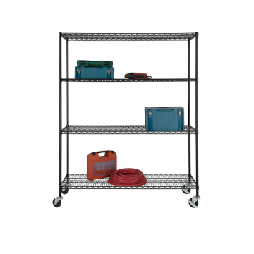 4 Tier Black Wire Shelving With Rubber Wheels