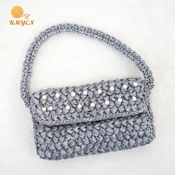 Crochet Handmade Gray Pearl Clutch Handbag