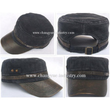 Leather brim washed jeans blank design flat military hat