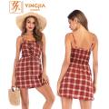 Summer Plaid Strap Dress Backless Lace Short Dress