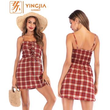 Summer Plaid Strap Dress Backless Lace Short Dress