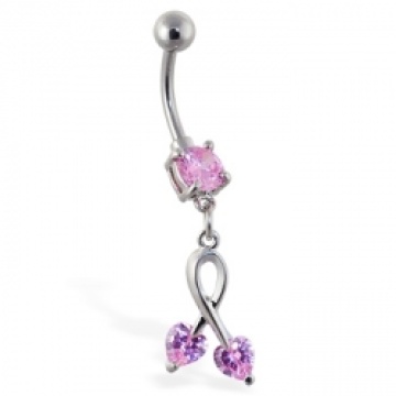 Belly Ring with Dangling Pink Hearts On Dangle