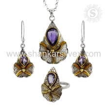 Majestic Purple Handmade Prata Jóias Amethyst Jóias Set Indian Silver Jewelry Supplier