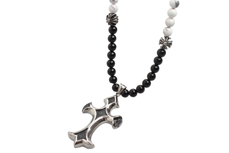 Agate Stone Bead Stainless Steel Cross Pendant Necklace