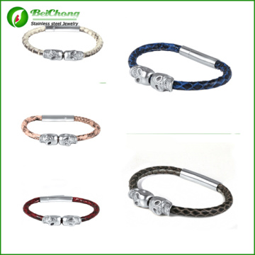 Trendy Genuine Snake Skin Bracelet Northskull Python Leather Bangle 316l Stainless Steel silver Twin Skull Bracelet