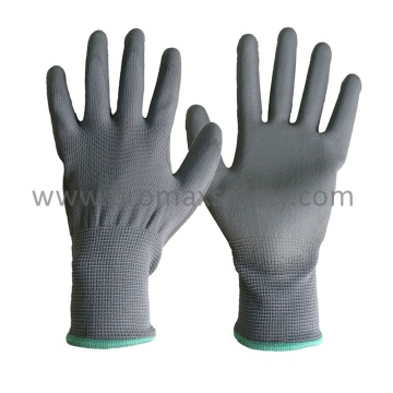 Gants tricotés en polyester gris avec revêtement PU gris sur la paume