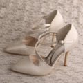 Ivory Satin Black Pointed High Heel Wedding Party Shoes