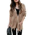 Women Distressed Cardigan Sweater Hooded Zip Up