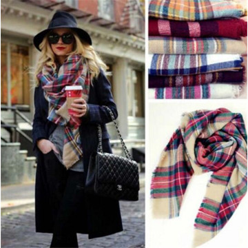 Oversized Fringe Plaid Square Scarf (80016)