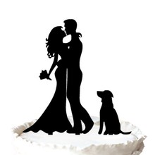 Bride and Groom Silhouette Wedding Cake Topper with Dog Pet