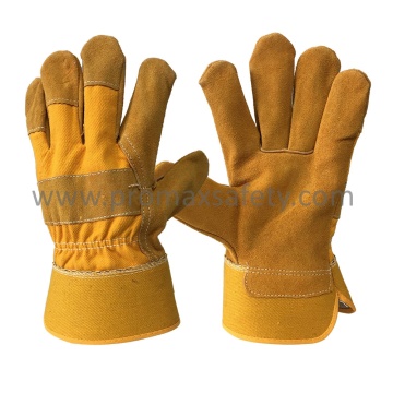Full Palm Yellow Cow Split Leather Work Glove with Rubberized Cuff