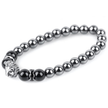 Leão de prata de aço inoxidável cabeça pulseira para homens feitos por pulseiras de grânulos de pedra de ágata preta de 8mm