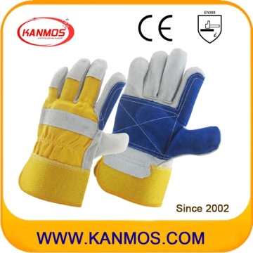 Yellow Blue Industrial Hand Safety Cowhide Gants de travail en cuir divisé (110162)