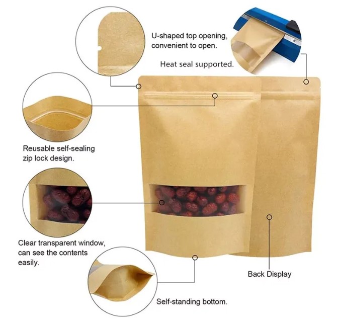 Wholesale Stand Up Zipper Kraft Paper Food Bags With Clear Window Wholesale Stand Up Zipper Kraft Paper Food Bags With Clear Window