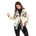 Geometric Print Overcoat Tassels Trim Ladies Knit Cardigan