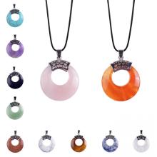 Circle Donut Healing Crystals Necklace Natural gemstone Chakra Amulet Lucky Coin Protection Quartz Reiki Pendant Men Women