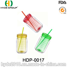 Double Wall Plastic Mason Jar with Straw and Lids (HDP-0017)