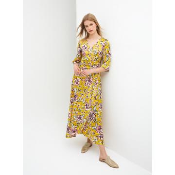 Ladies sexy yellow print slim dress