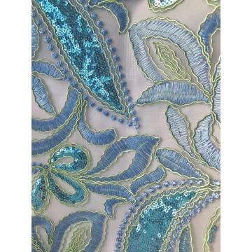 tela de bordado de follaje colorido plano llano cordón de lentejuelas