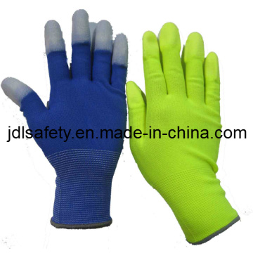 Gants de travail coloré avec PU doigt dessus enduit (PN8016)