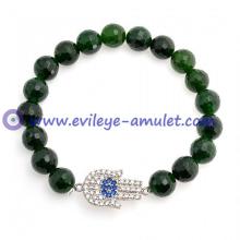 Green Bead Evil Eye Hamsa Stretch Bracelet 6 Inch