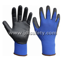 Nylon azul especial estructurado de punto guantes de trabajo, recubiertos con nitrilo negro suave en la palma (N1575)