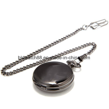 Black Mechanical Skeleton Pocket Watch com Cadeia Fob Homens Mulher